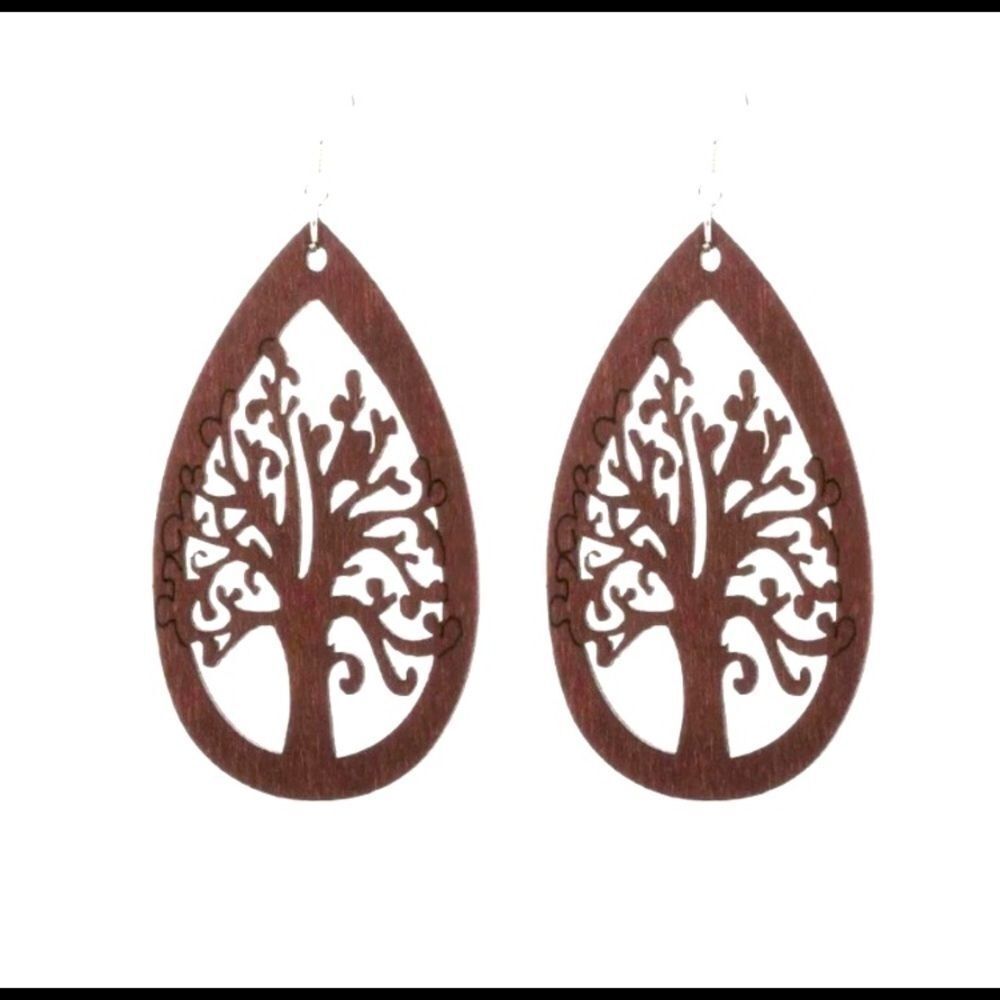 African Wood Teardrop Drop Tree Earrings